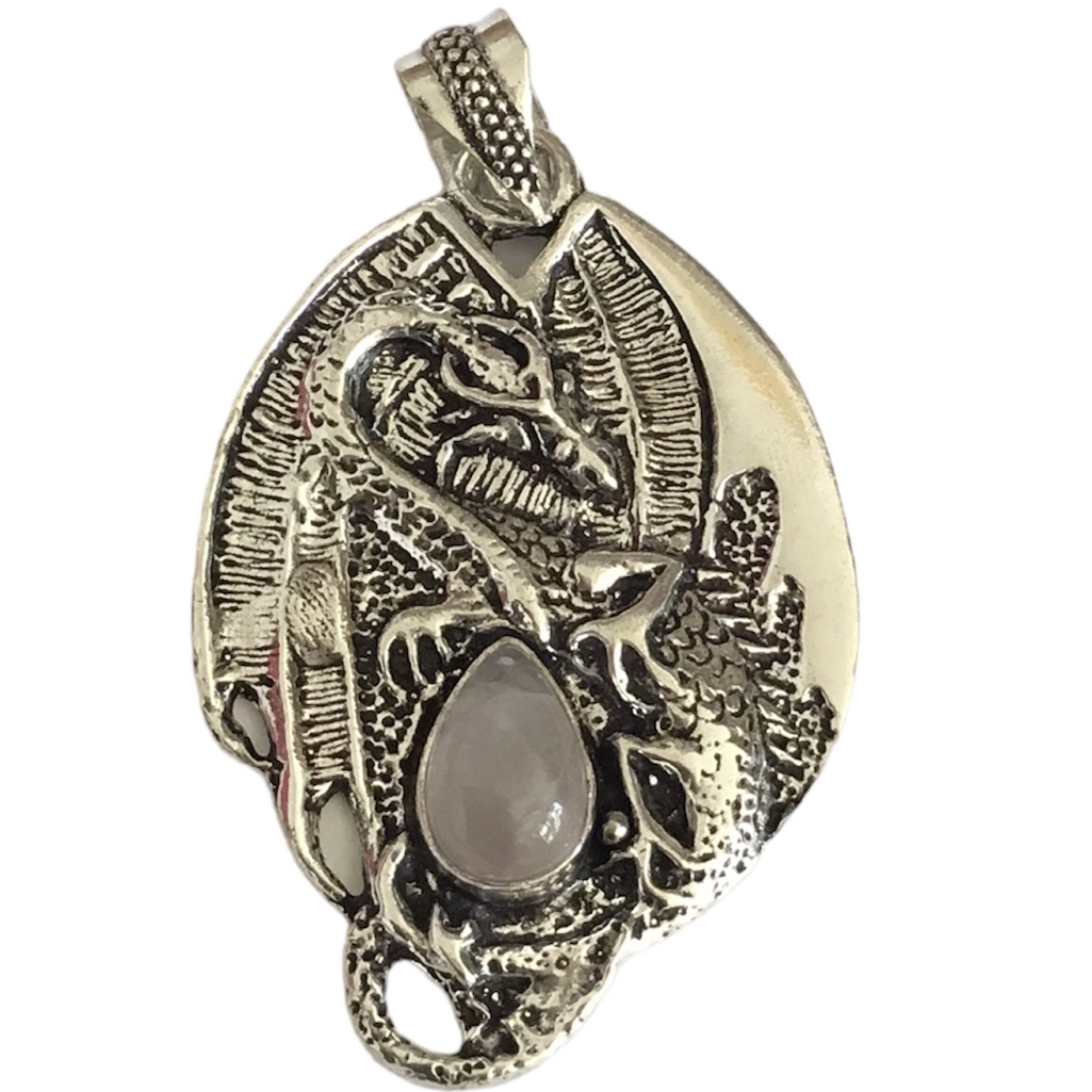 Serpent Dragon Rose Quartz Gemstone Pendant Necklace